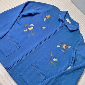Breckenridge Novelty Embroidered Birds Full Zip Jacket Womens L Blue Sweatshirt